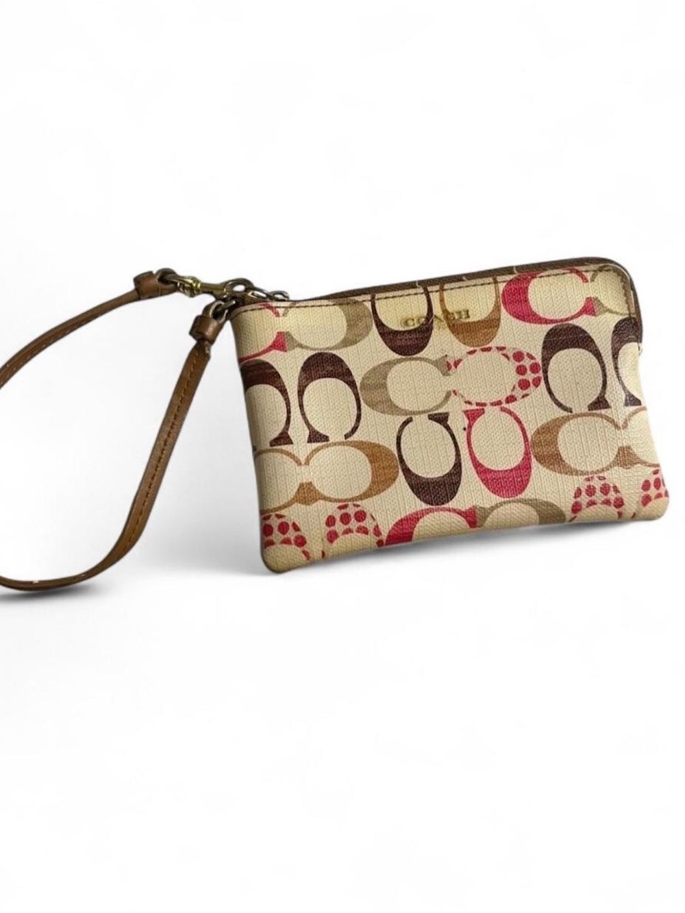 Coach Signature Pattern Wristlet in Beige, Brown & Pink